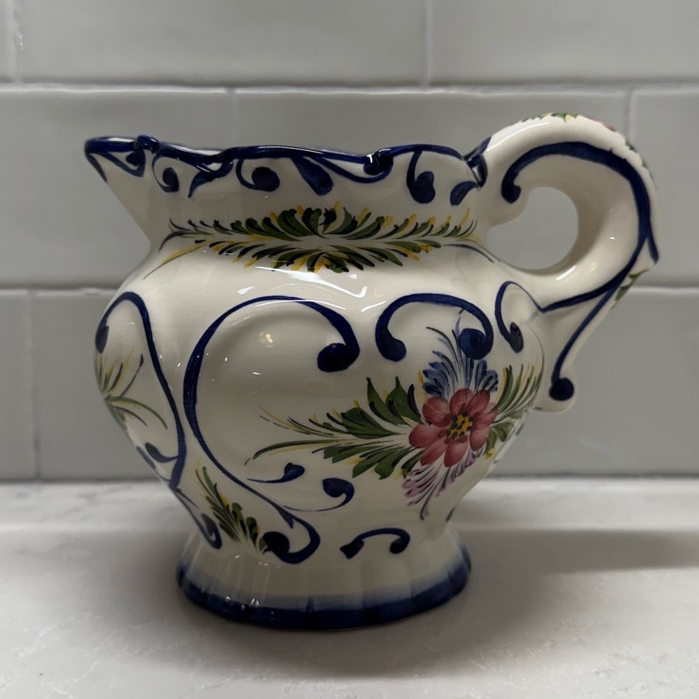 Floral Ceramic Pitcher with Blue Accents